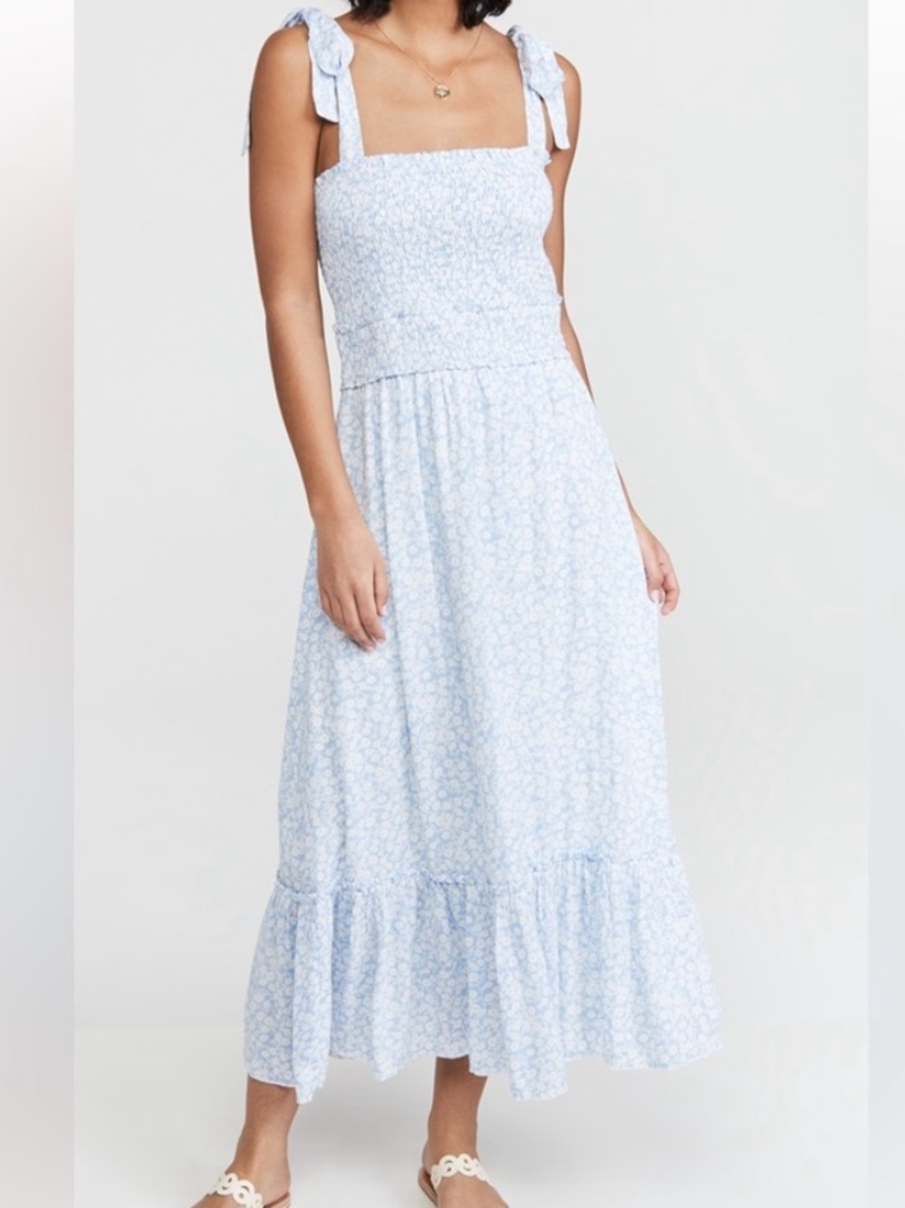 Lost + Wander Pale Blue Floral Smocked Maxi Dress with Tie Straps